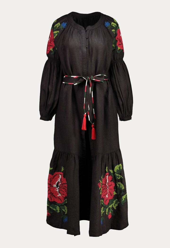 Choice Embroidered Linen Maxi Dress Black