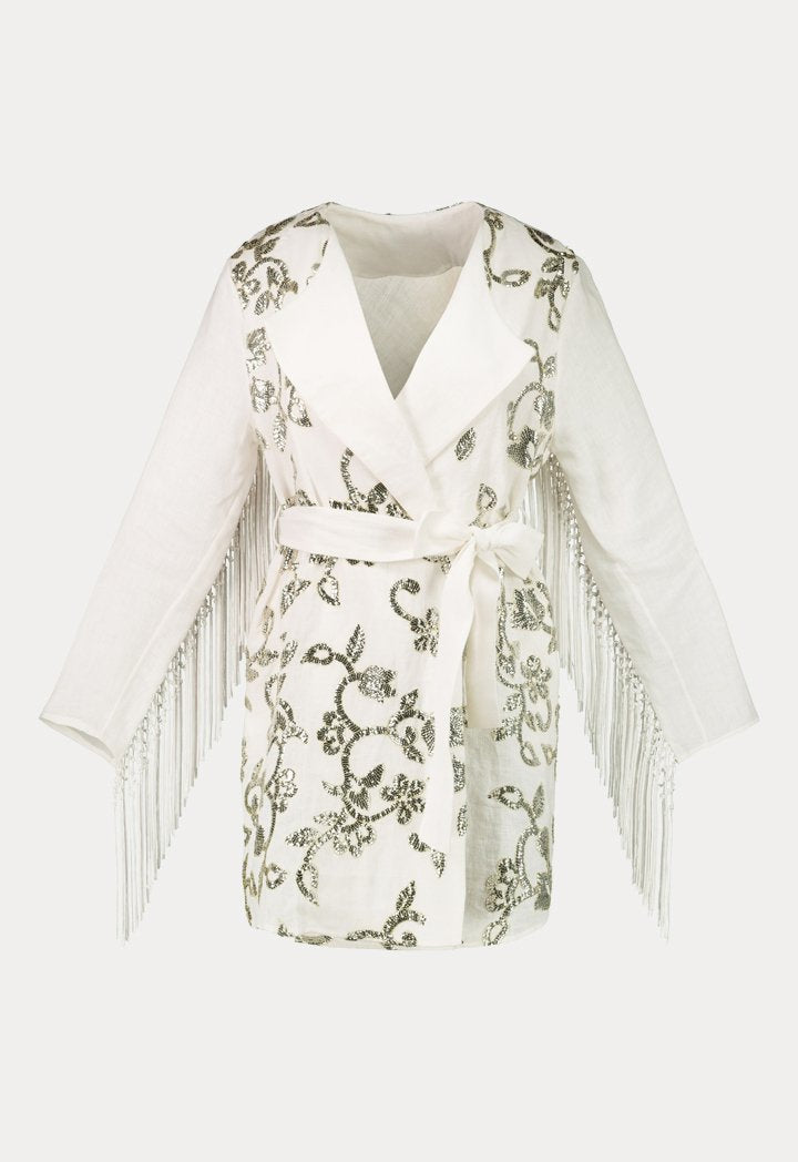 Choice Sequins Embroidery Kimono Jacket White - Wardrobe Fashion