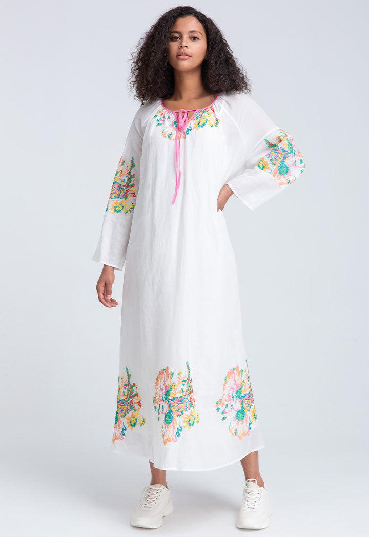 Choice Neck Tie Keyhole Embroidered Midi Dress Set Off White