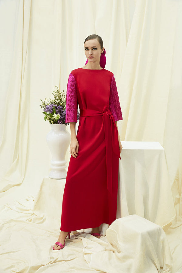 Choice Dual Fabric Long Dress Red - Wardrobe Fashion