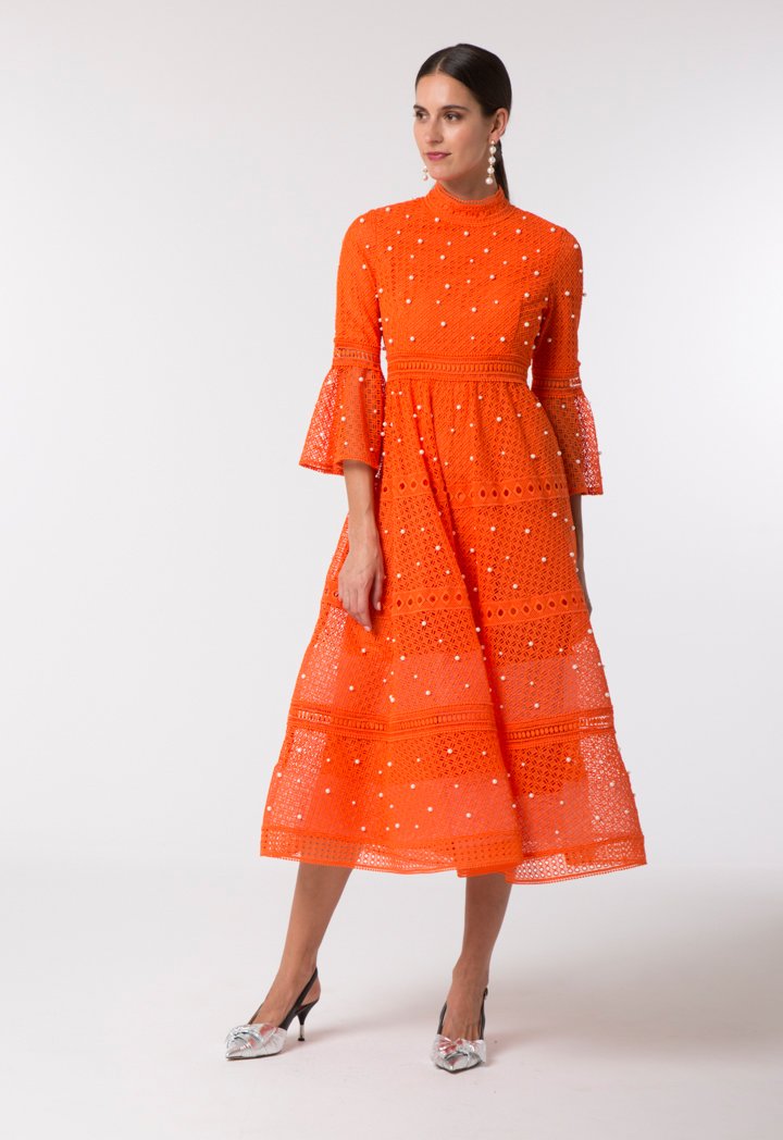 Choice Pearl Studded Schiffli Dress Orange