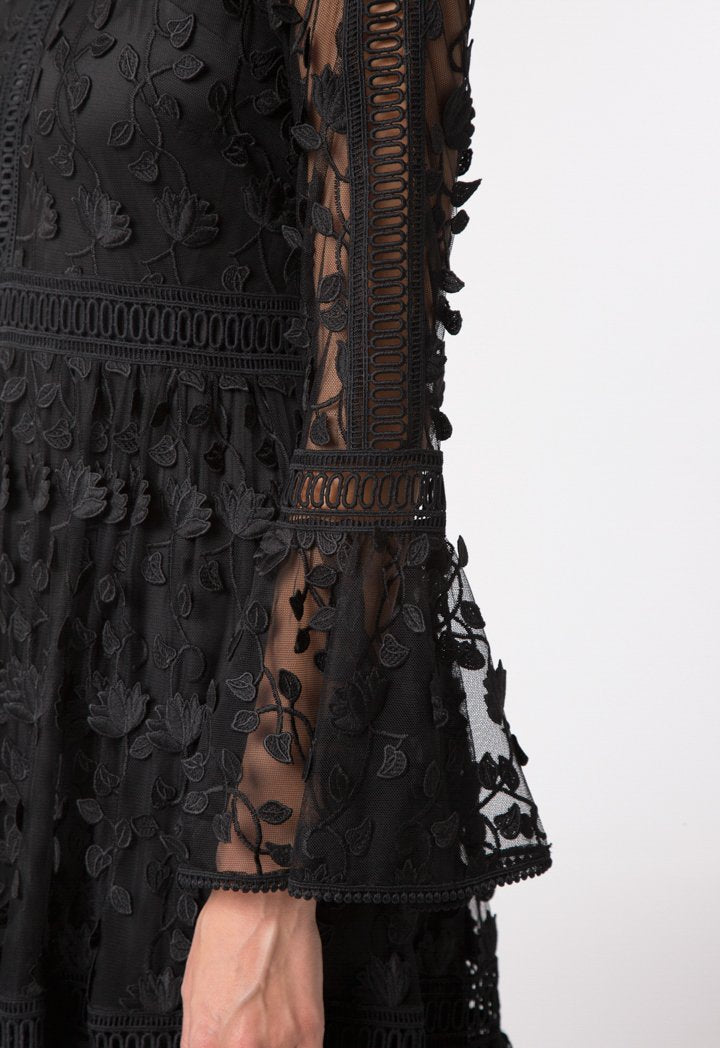 Choice Patterned Lace Trim Dress Black