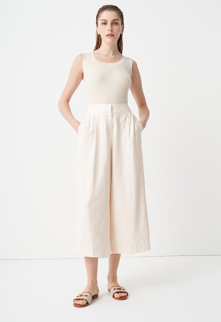 Choice Solid Wide Legs Pleated Culottes Cream