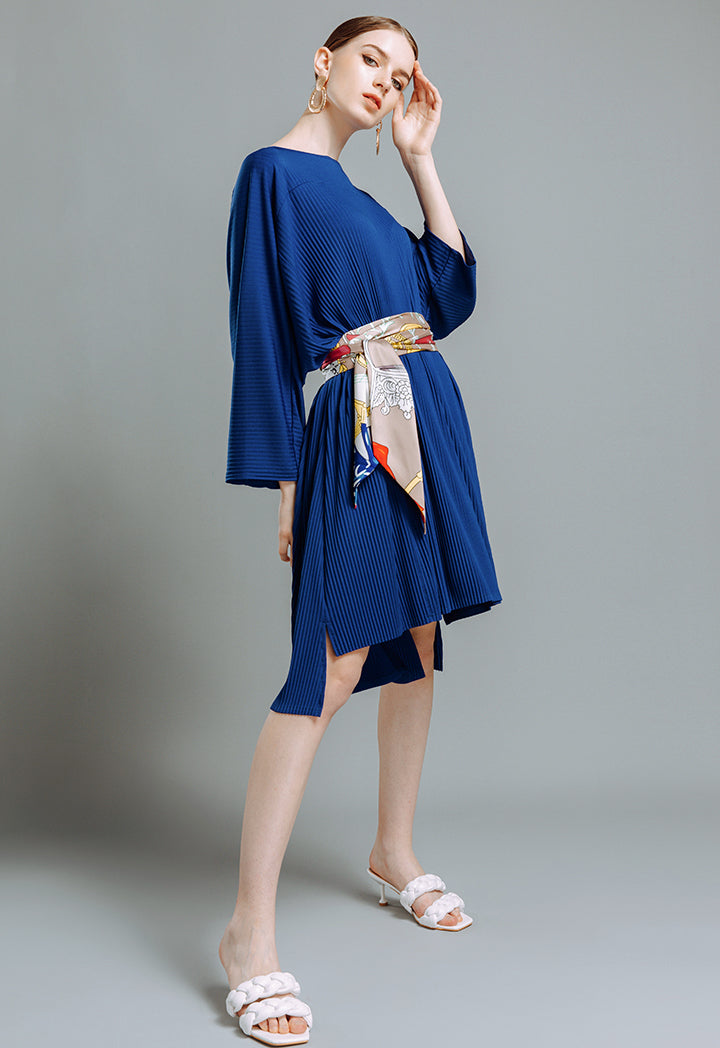 Choice Long Sleeve Pleated Dress Blue