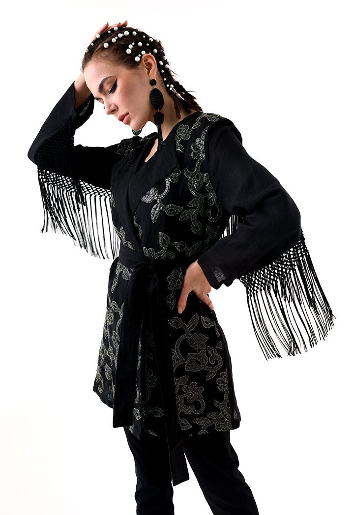 Choice Sequins Embroidery Kimono Jacket Black - Wardrobe Fashion