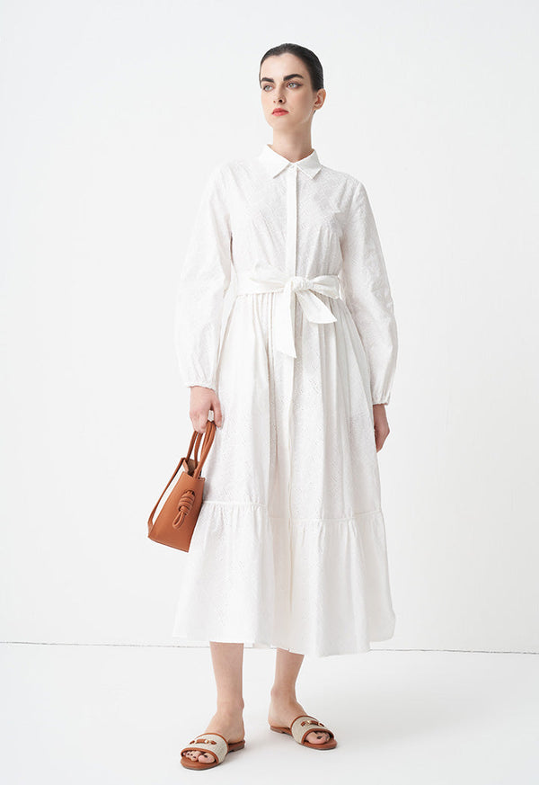 Choice Solid Monogram Belted Shirt Dress Off White