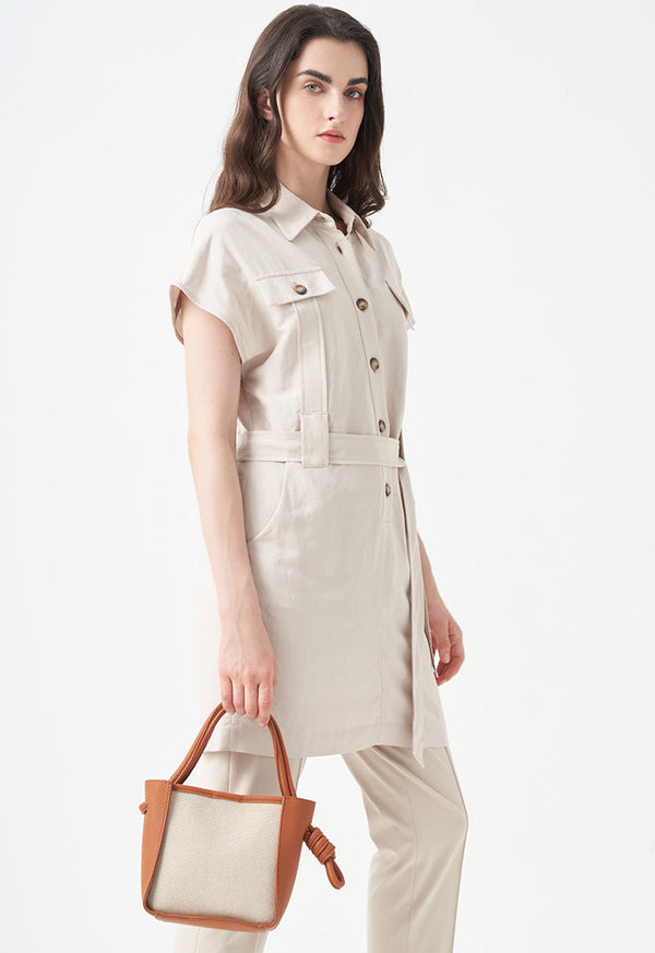 Choice Sleeveless Belted Shirt Dress Beige