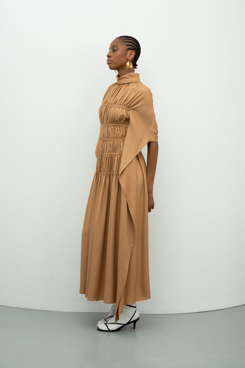 Baqa Detailed Sleeve Shirred Dress Camel