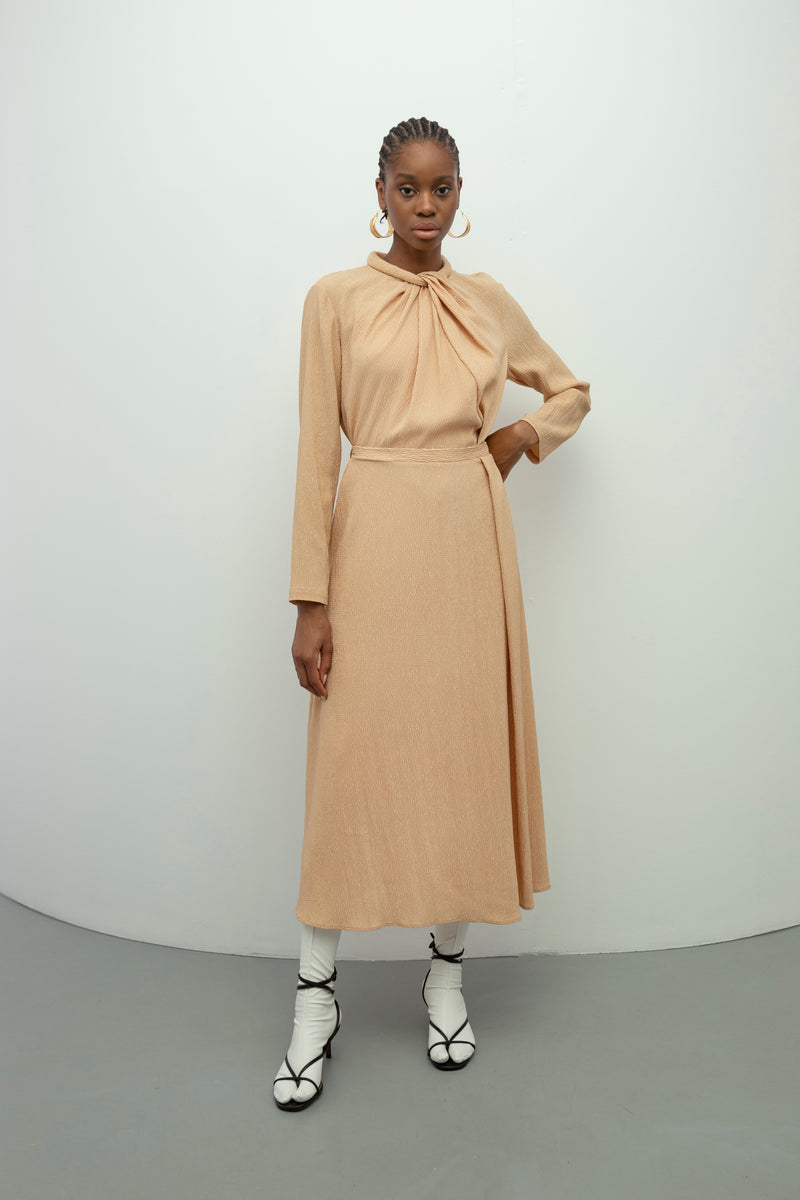 Baqa Collar-Twisted Detail Dress Beige