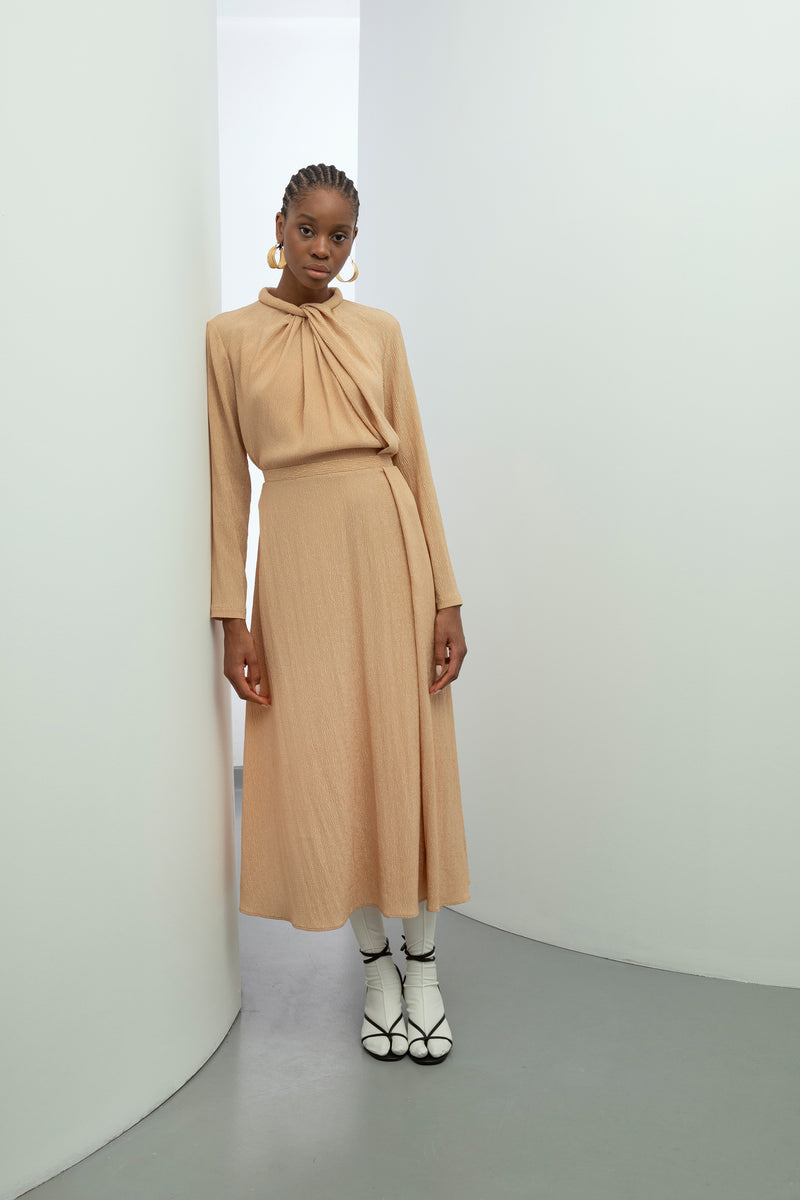 Baqa Collar-Twisted Detail Dress Beige