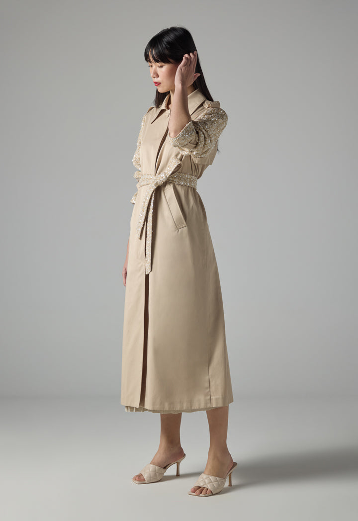 Choice Long Sleeve Sequin Belted Trench Coat Beige