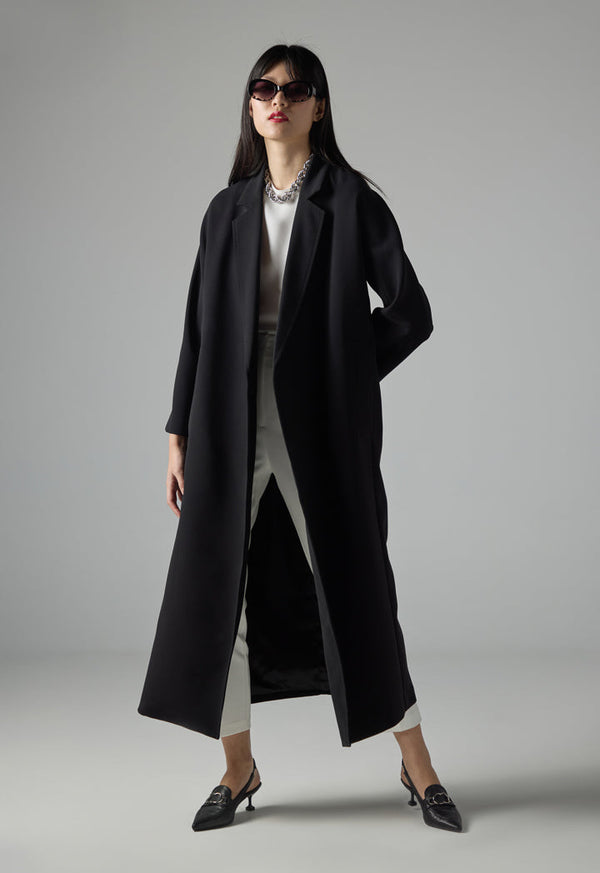 Choice Solid Pleated Belted Trench Coat Black