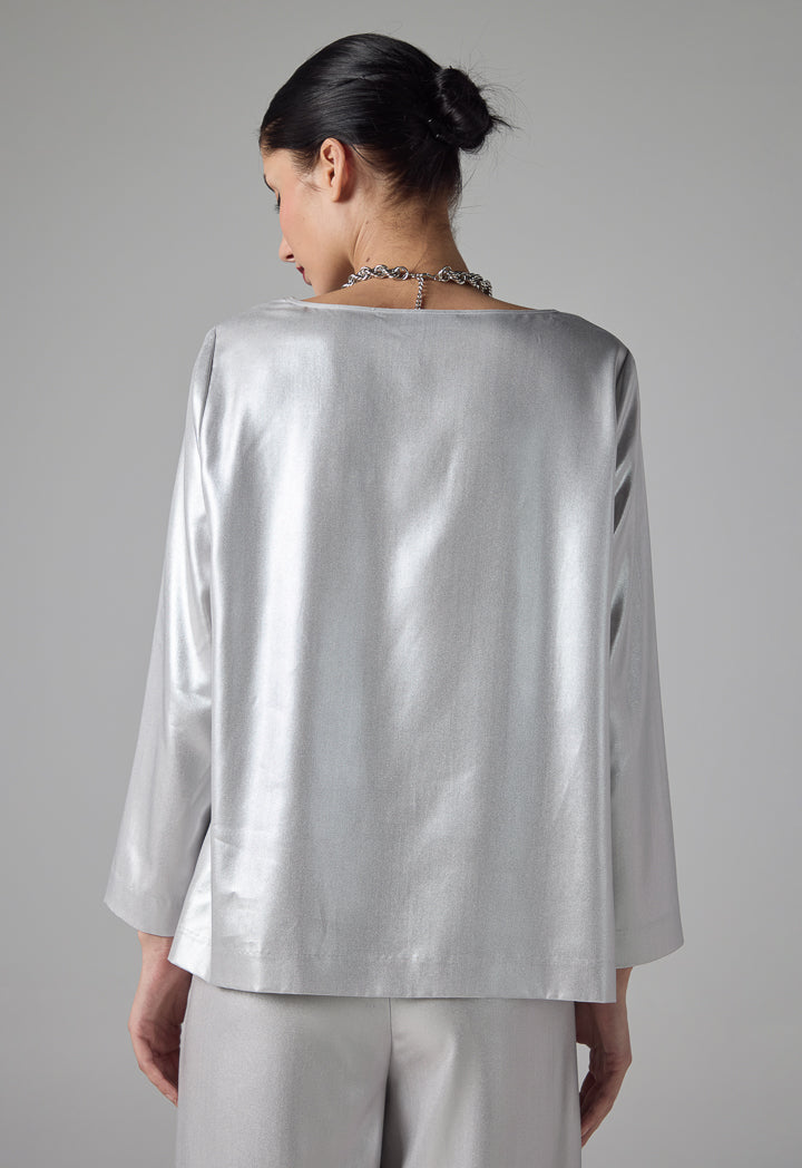 Choice Long Sleeve Metallic Foil Blouse Grey