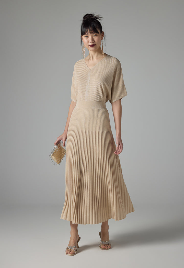 Choice Pleated Lurex Maxi Skirt Beige