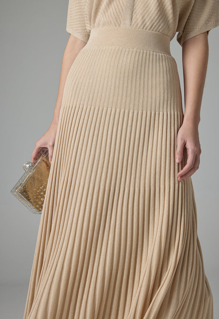 Choice Pleated Lurex Maxi Skirt Beige