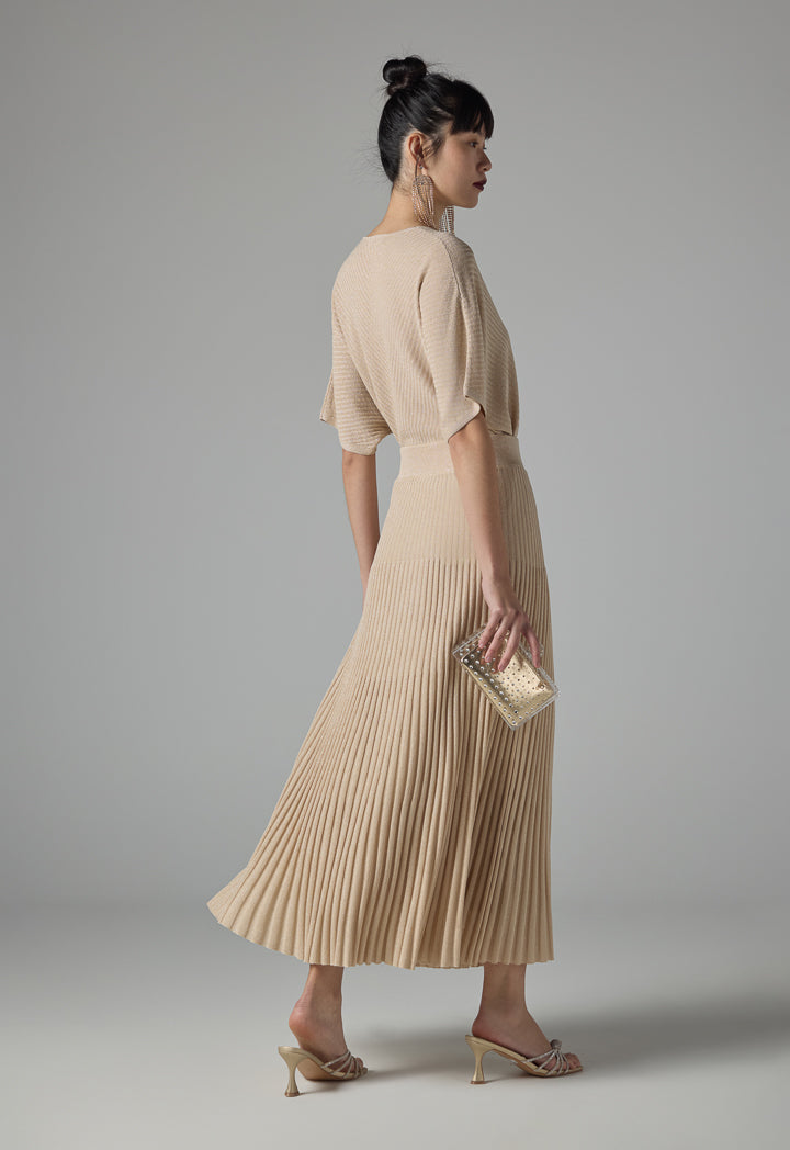 Choice Pleated Lurex Maxi Skirt Beige