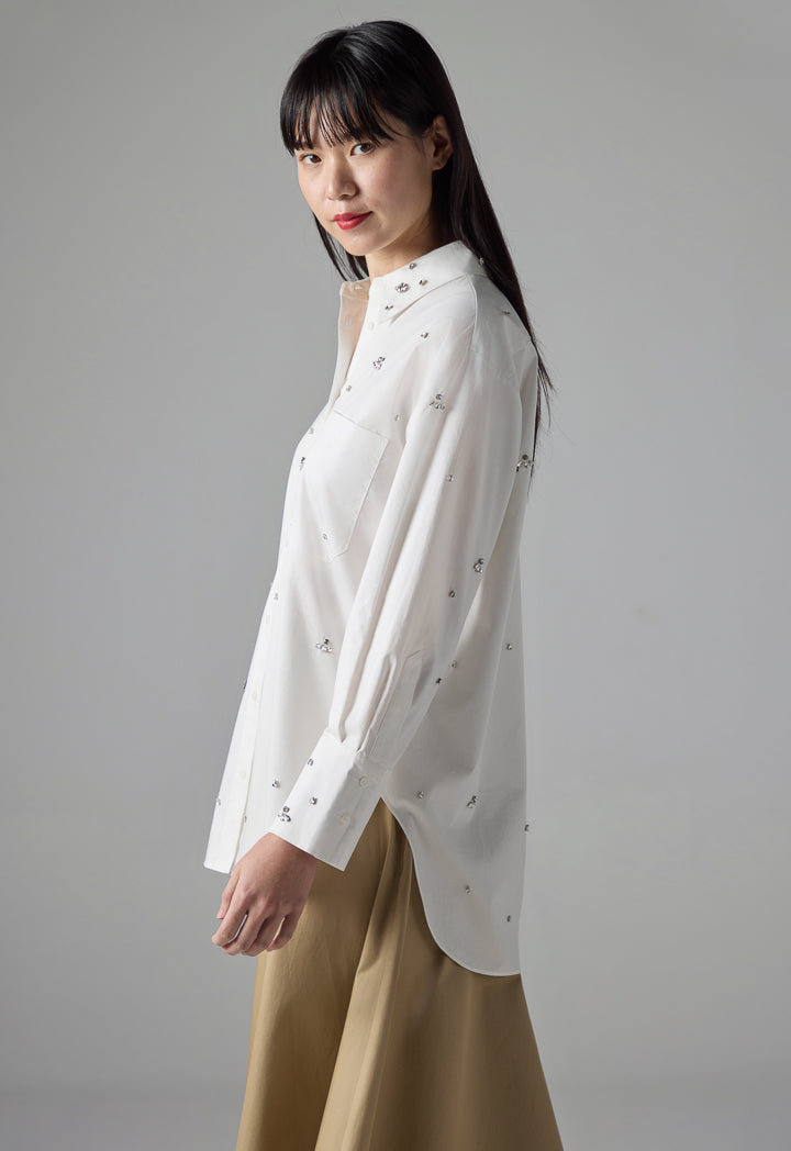 Choice Solid Embellished Rhinestones Shirt Off White