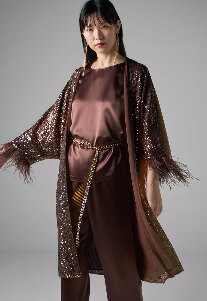 Choice Long Sleeve Sequin Kimono Brown