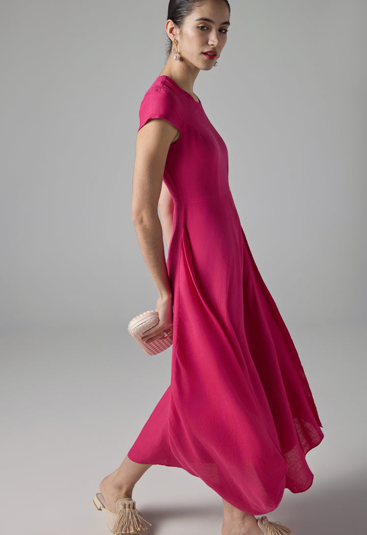 Choice Solid Continuous Short Sleeves Maxi Dress Fuchsia