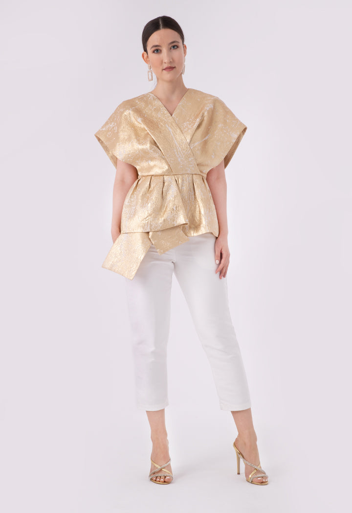 Choice 
Lurex Jacquard Organza Overlap Neck Blouse Gold