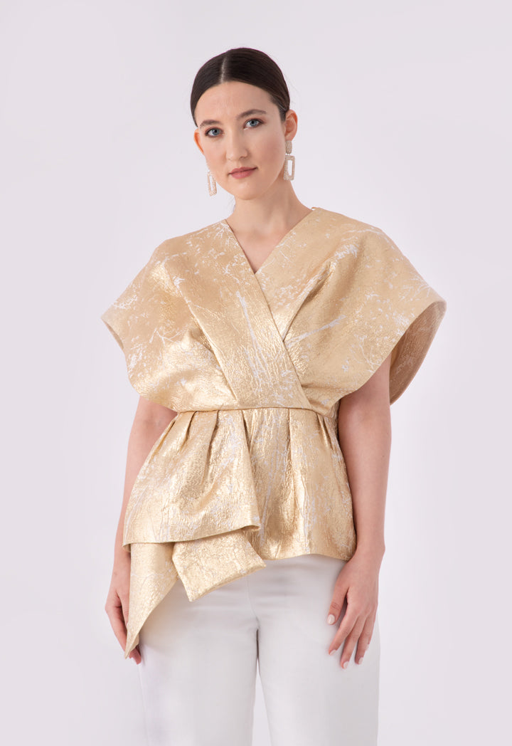 Choice 
Lurex Jacquard Organza Overlap Neck Blouse Gold