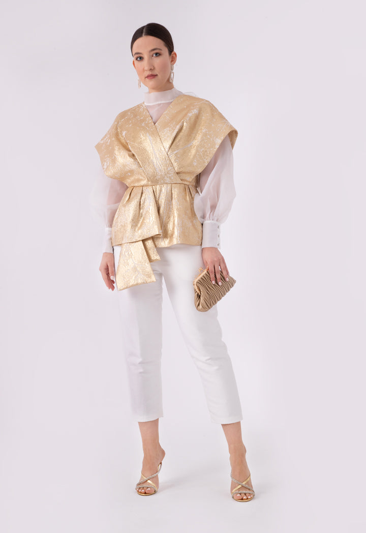 Choice 
Lurex Jacquard Organza Overlap Neck Blouse Gold