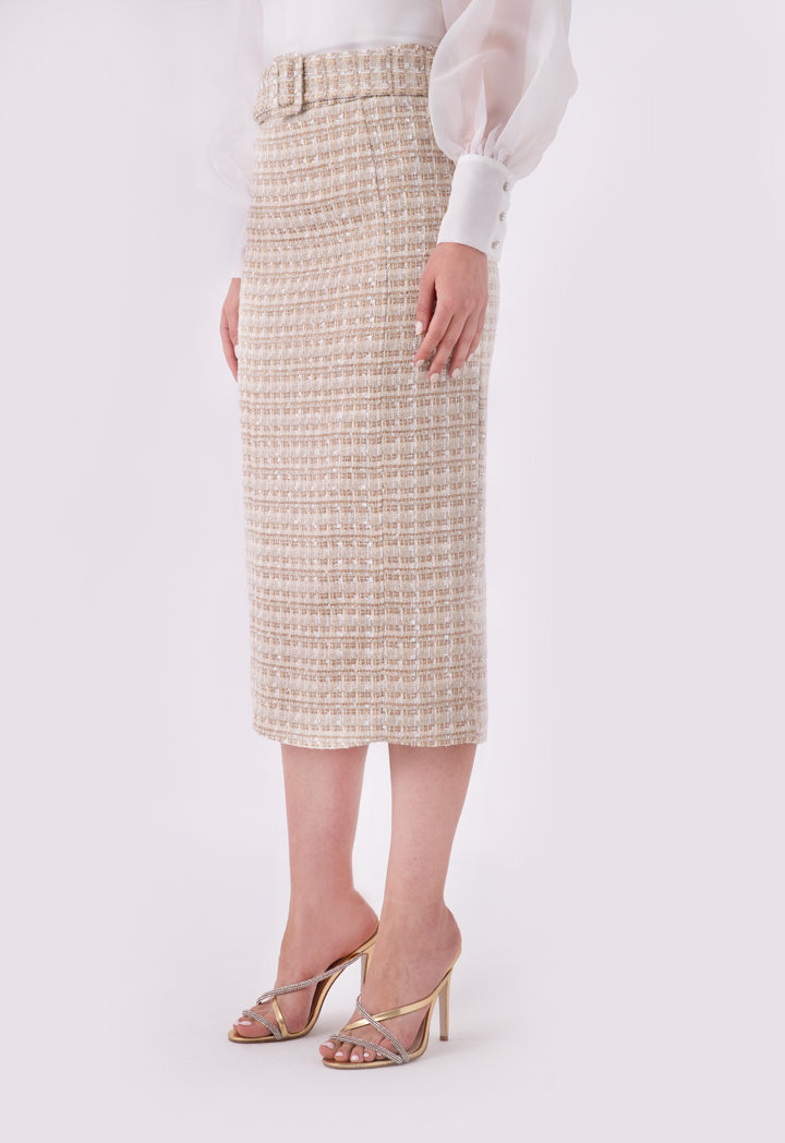 Choice Lurex Tweed Belted Long Skirt Beige