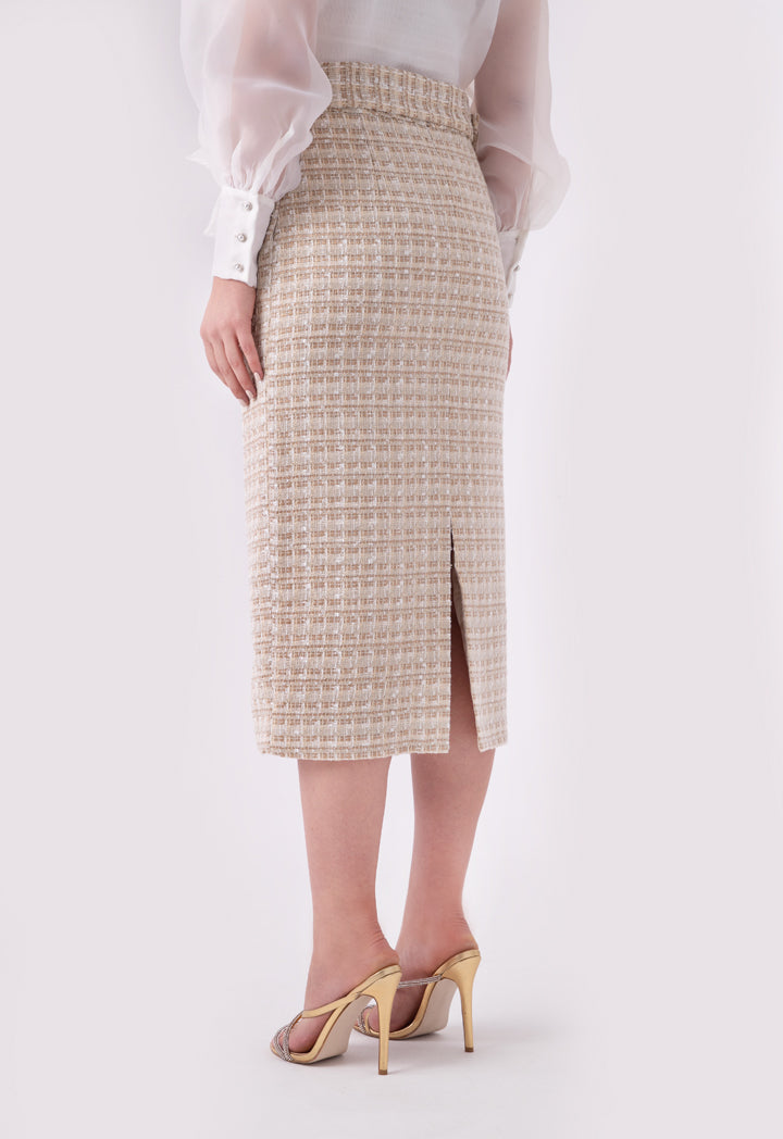 Choice Lurex Tweed Belted Long Skirt Beige