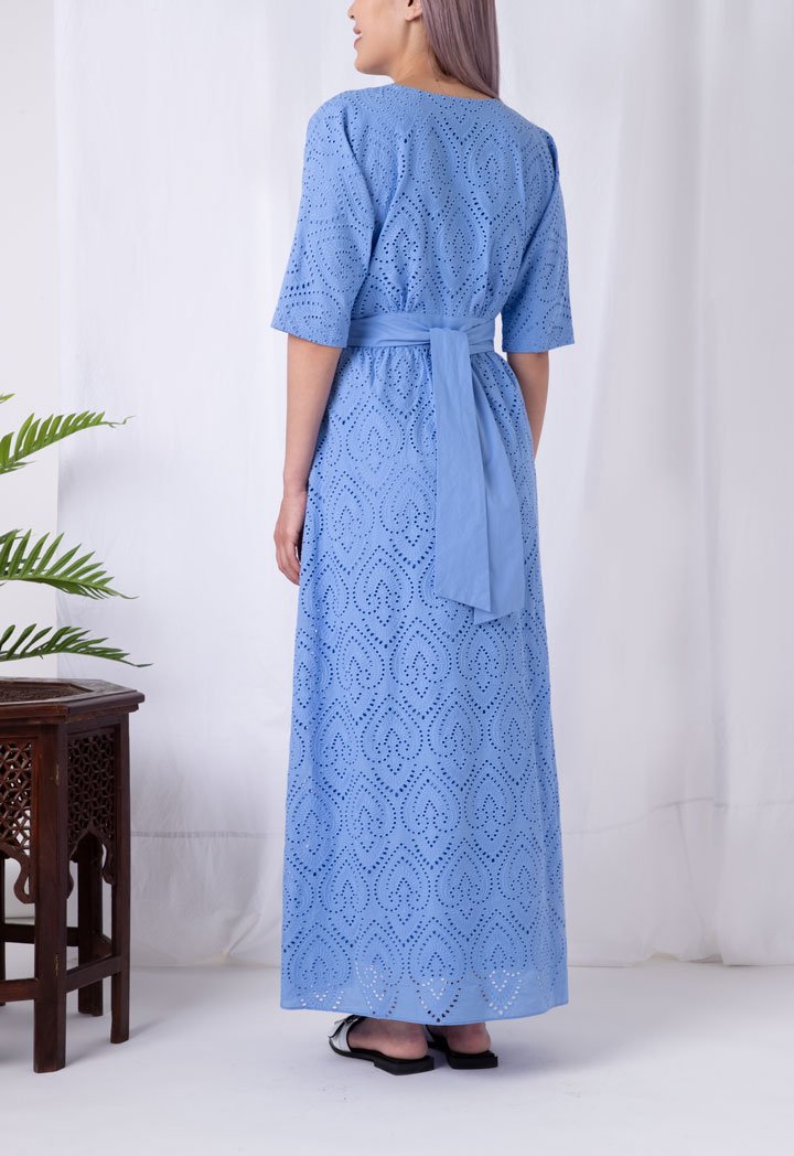 Choice V-Neck Schiffli Long Dress Blue - Wardrobe Fashion