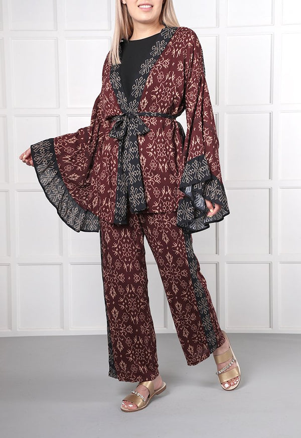 Choice Geometric Print Kimono Cardigan Burgundy - Wardrobe Fashion