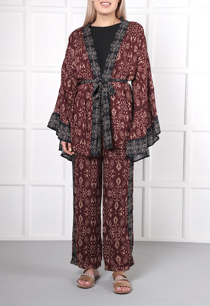 Choice Geometric Print Kimono Cardigan Burgundy - Wardrobe Fashion