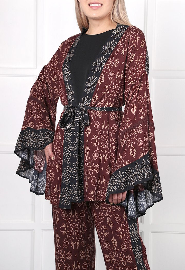 Choice Geometric Print Kimono Cardigan Burgundy - Wardrobe Fashion