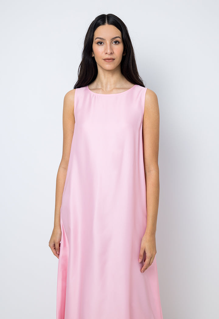 Choice Solid Sleeveless Crew Collar Dress Pink