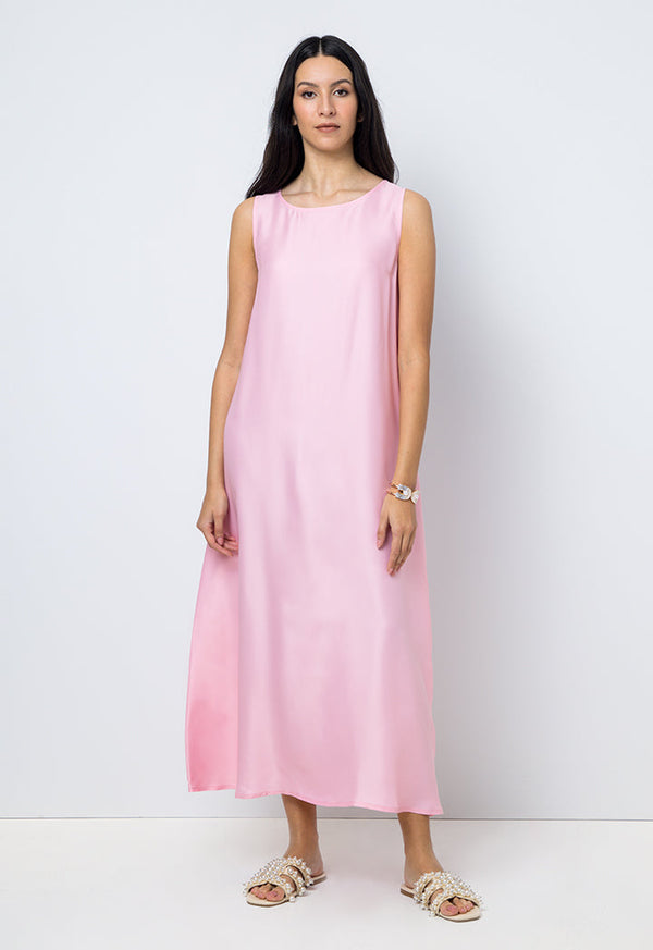 Choice Solid Sleeveless Crew Collar Dress Pink