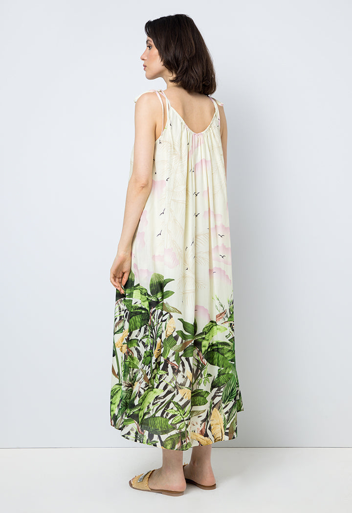 Choice Printed Strappy Midi Dress Beige-Print