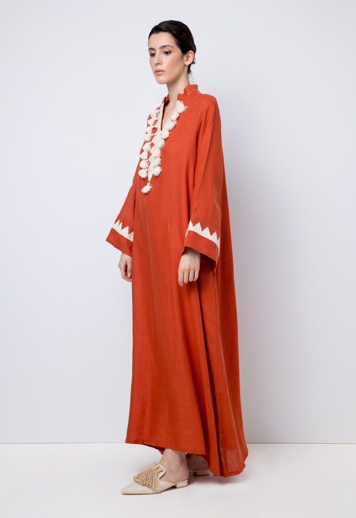 Choice Printed Embroidered Long Sleeve Maxi Dress Brick