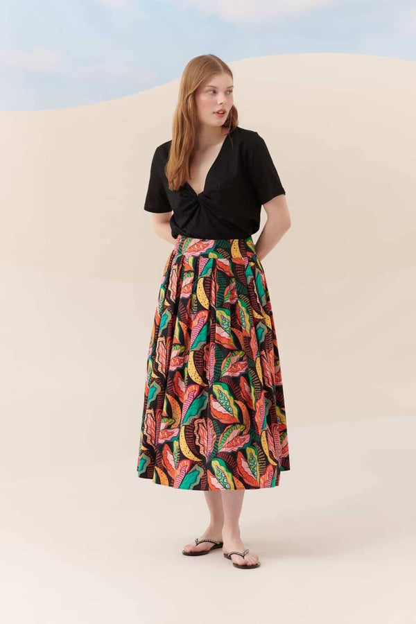 Roman Patterned Pleated Midi Skirt Multi Color