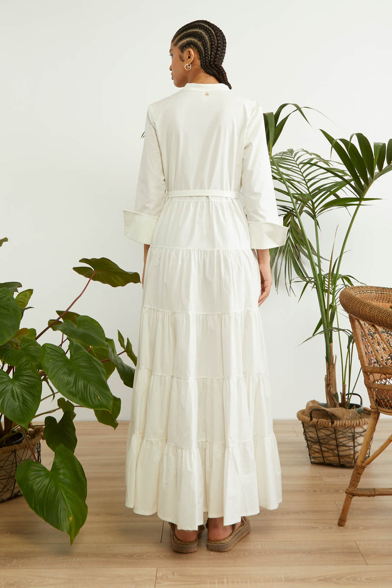 Souvenir Laced Yoke Tiered Solid Dress White