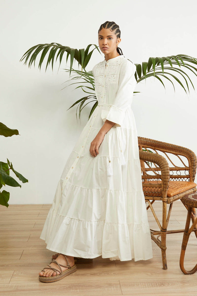 Souvenir Laced Yoke Tiered Solid Dress White