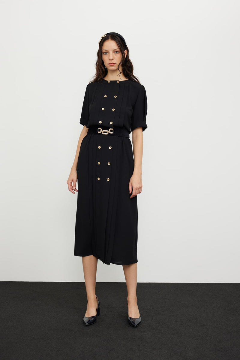 Roman Pleated Crepe Midi Dress Black