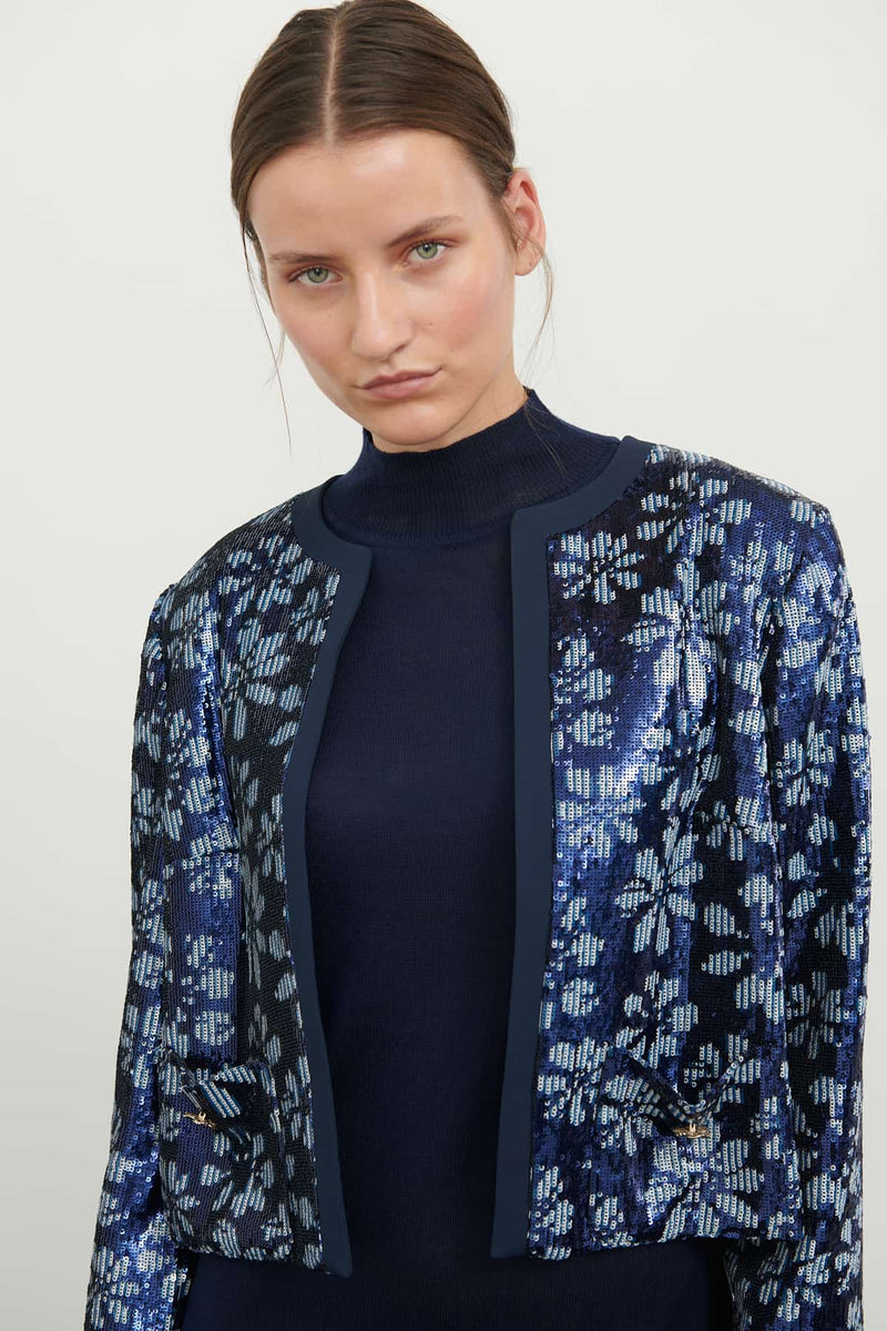 Roman Sequin-Embellished Floral Jacket Navy