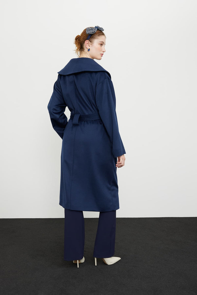 Roman Shawl Collar Belted Coat  Navy