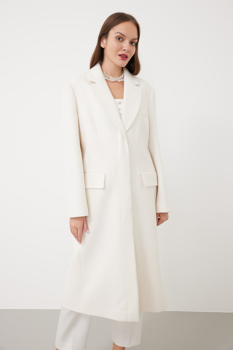 Roman Single Breasted Midi Coat Off White