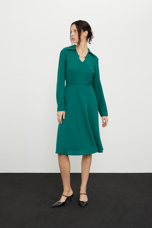 Roman Crepe Midi Dress With Metal Accessories Green