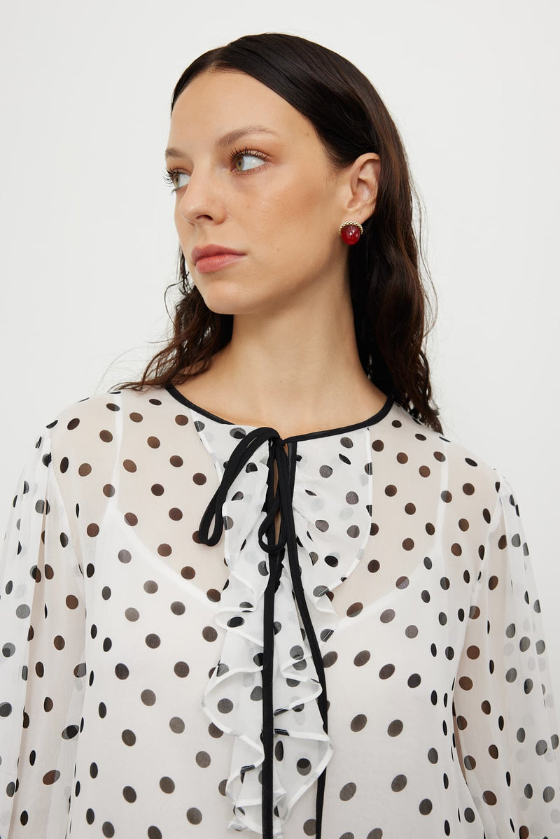 Roman Polka Dots Sheer Blouse Black-White