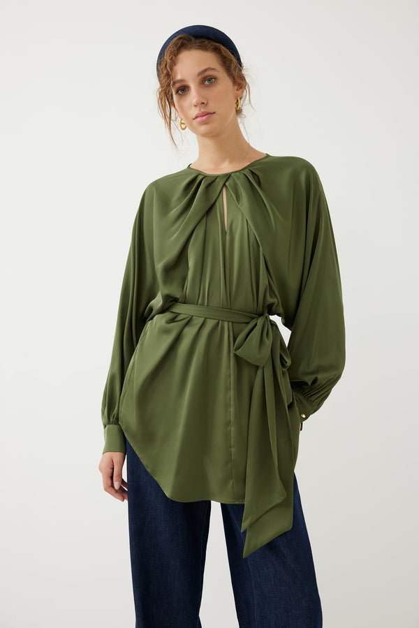 Roman Satin Waist Belted Blouse Khaki