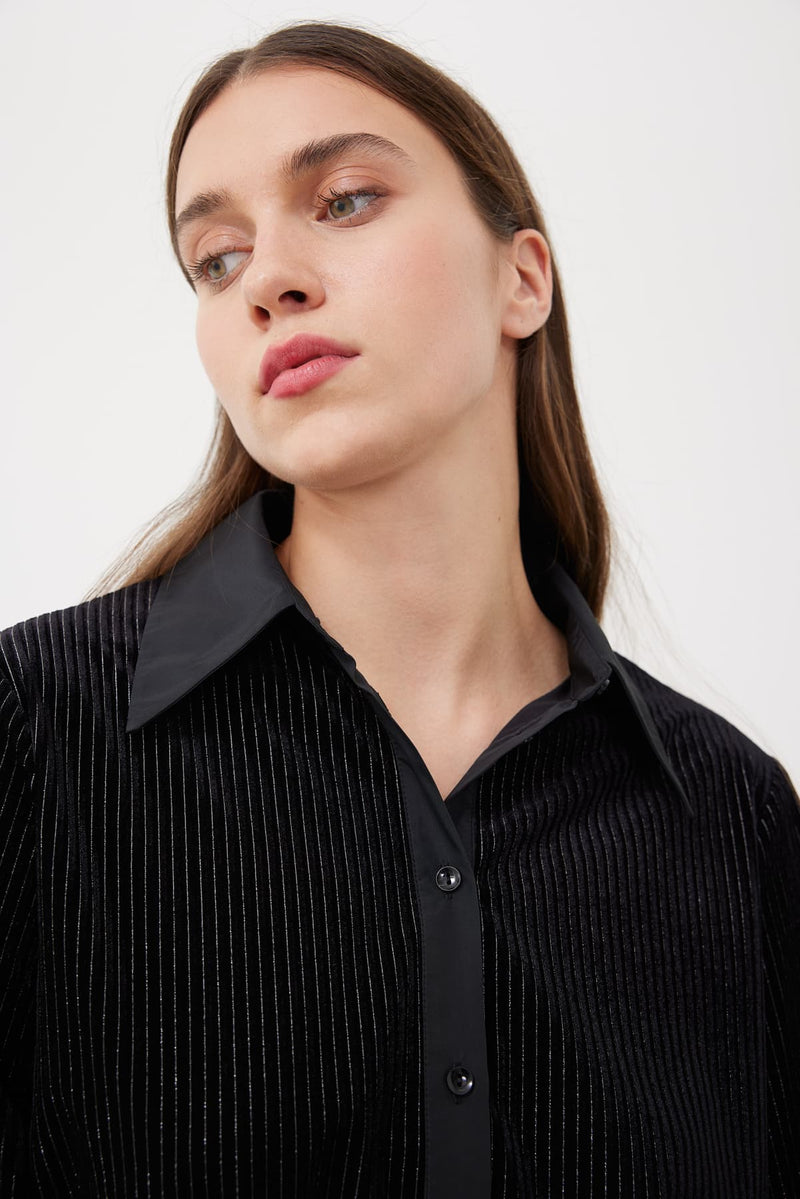 Roman Striped Pattern Velvet Shirt Black