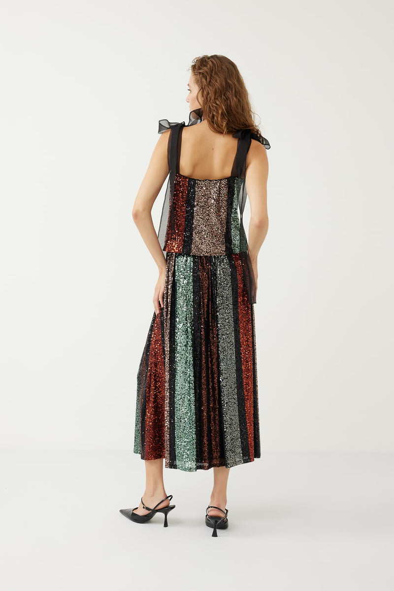 Roman Sequined-Embellished Patterned Skirt Multi Color