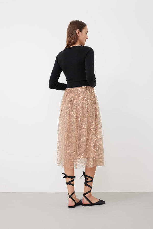 Roman Sequined Tulle Midi Skirt Powder