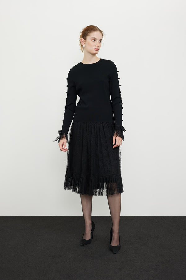 Roman Bead-Embellished Tulle Detail Knitwear Black